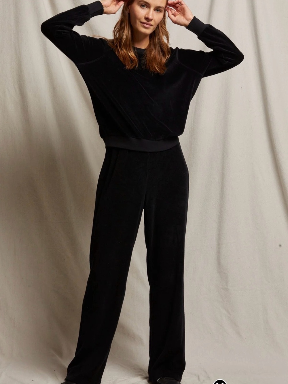 perfectwhitetee Black Velvet Wide-Leg Pants and Crew Neck Sweatshirt